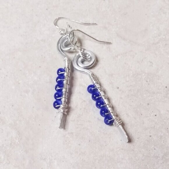 Unique Wire Wrapped Dangle Earrings! Blue CatsEye Beads! Lightweight!!! - Picture 1 of 11